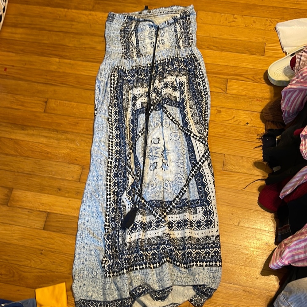 Blue and white strapless dress with tassels size Medium